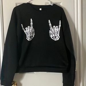 Cute rock on sweatshirt- Black with 2 rock on skeleton hands!